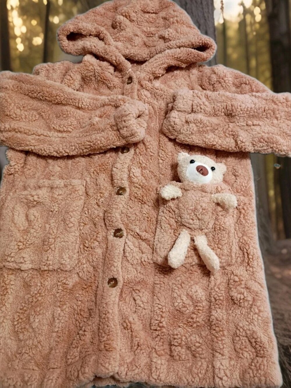 Shein Youth Faux Fur Hooded Teddy Bear Long Sleeve Jacket Brown Size 8Y